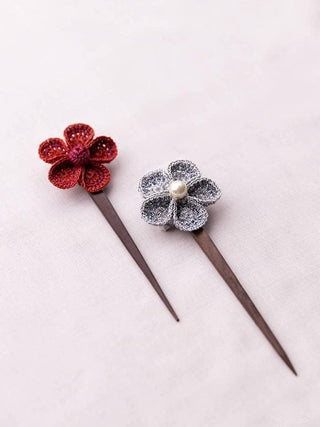 Handmade Crochet Hairstick Red & Silver Flowers Pair Samoolam