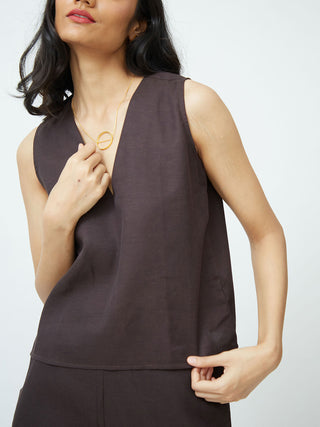 SHELL V-Neck Top Coffee Saltpetre