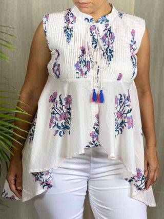 BARBOSA Print Top Pink and Blue Sepia Stories