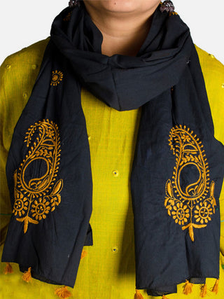 Chikankari Embroidered Cotton Stole Black Samuday Crafts