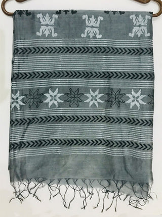 Block Printed  Silk Dupatta Grey Colour Samuday Crafts