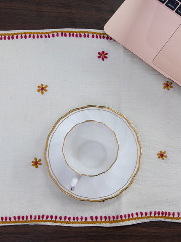 Creamy White Linen Table Mat With Brown Embroidery