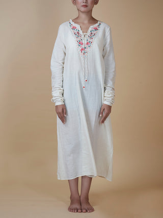 Hand Embroidered Cotton Muslin Dress Natural Ivory Earth Route