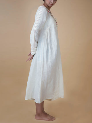 Hand Embroidered Cotton Muslin Dress Natural Ivory Earth Route
