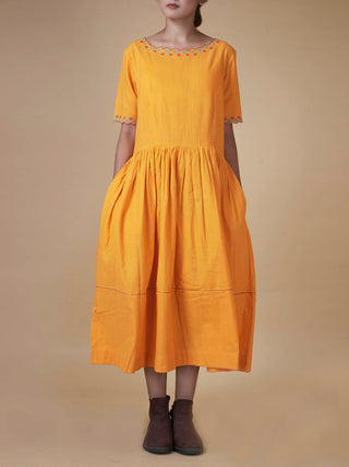 Hand Embroidered Cotton Dress Mustard Earth Route