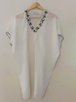 Handwoven Cotton Muslin Yoke Kaftan Natural Ivory Earth Route