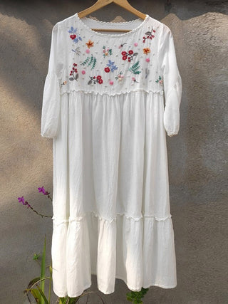 Rosa Tiered Hand Embroidered Self Check Dress White Earth Route
