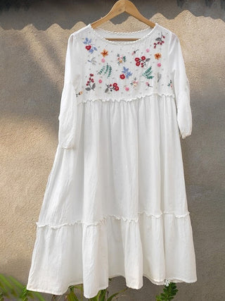 Rosa Tiered Hand Embroidered Self Check Dress White Earth Route