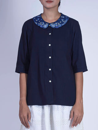 Hand Woven Embroidered Collar Shirt Black Earth Route