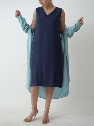 Jackie Set of 2 Midi Dress With Long Shirt Overlay Tone On Tone Blue Saltpetre