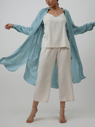 Florence Set of 3 Long Shirt Overlay Slip Top & Pants White & Powder Blue Saltpetre