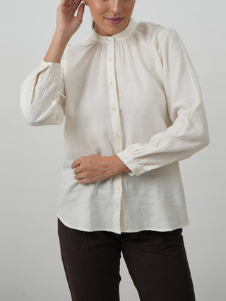 Shoji Gather Neck Top Soft White Linen Saltpetre