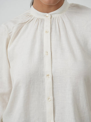 Shoji Gather Neck Top Soft White Linen Saltpetre