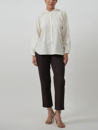 Shoji Set of 2 Gather Neck Top & Pants Textured White & Coffee Brown Saltpetre
