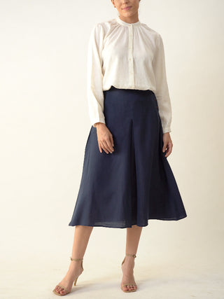 Shoji Set of 2 Gather Neck Top & Box Pleat Skirt Textured White & Navy Blue SALTPETRE