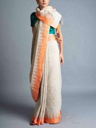 Linen Embroidered Kupaddam Saree Cream with Multicolor Blouse With Blouse Piece Manish Saksena