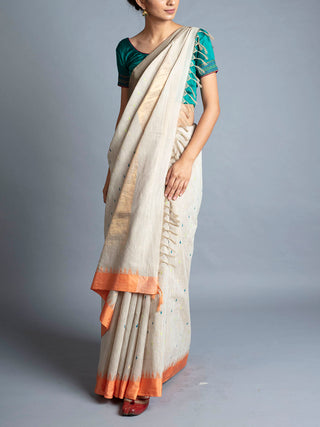 Linen Embroidered Kupaddam Saree Cream-2 With Blouse Piece Manish Saksena