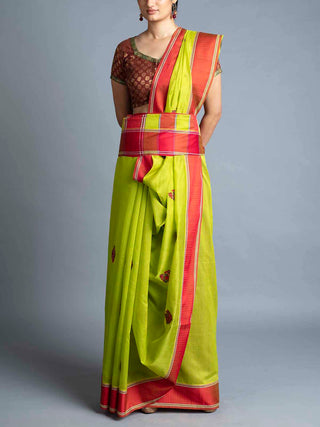 Mor Booti Maheshwari Saree Lime Green and Red With Blouse Piece Manish Saksena