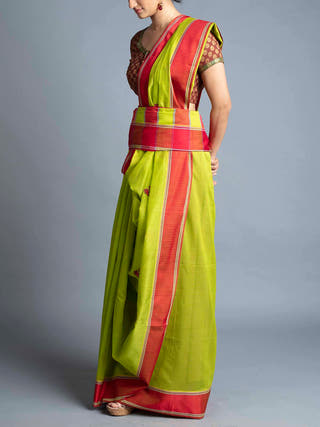 Mor Booti Maheshwari Saree Lime Green and Red With Blouse Piece Manish Saksena
