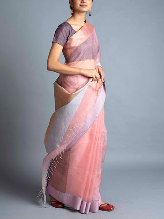 Badla Silk Organza Maheshwari Saree Pink With Blouse Piece Manish Saksena