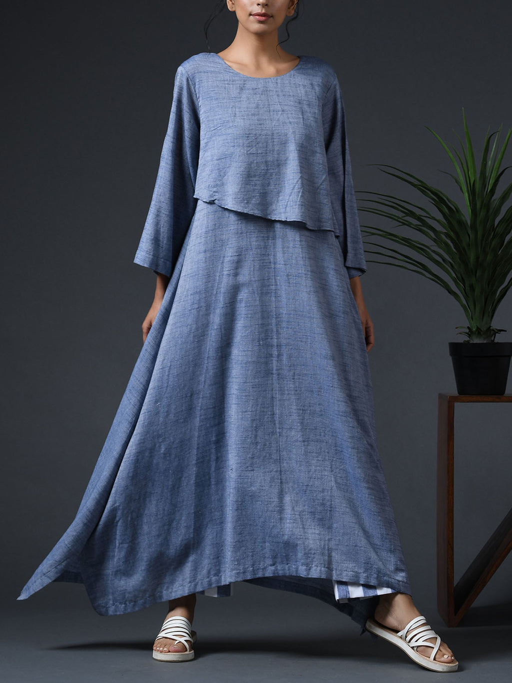 Buy Asymmetrical Flap Yoke Dress Blue - Flourish