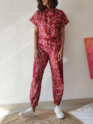 TROPICAL SUMMER Plum Shirt-Joggers Co-ord Set Maroon -  Cotton set for women in  Maroon color