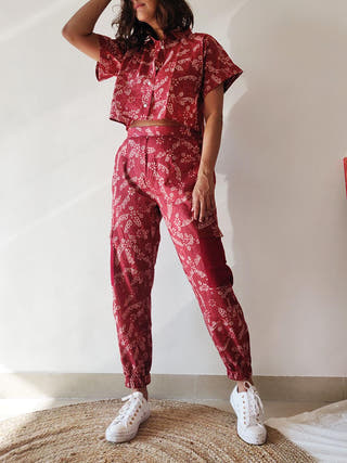 TROPICAL SUMMER Plum Shirt-Joggers Co-ord Set Maroon -  Cotton set for women in  Maroon color