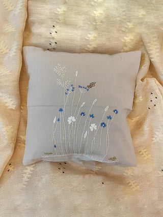 Hand Embroidered with Blue Flowers Cushion Cover Whe