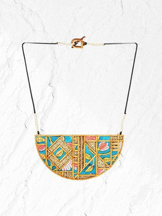 Handblock Printed Fabric and Compressed Wood Frame Maze Necklace Multicolor Whe