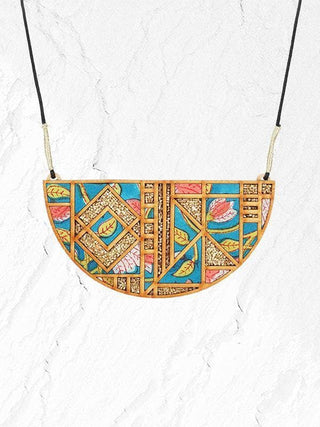  Handblock Printed Fabric and Compressed Wood Frame Maze Necklace Multicolor by Whe sold by Flourish