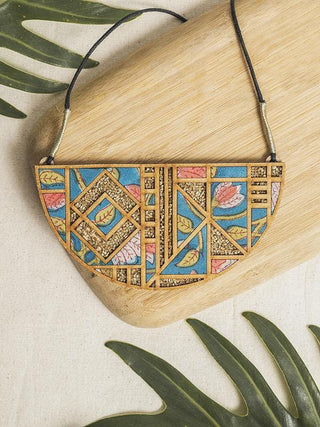 Handblock Printed Fabric and Compressed Wood Frame Maze Necklace Multicolor Whe