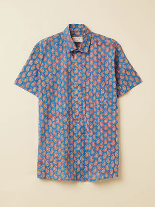 Handblock Printed Shirt Blue Paisley Patrah