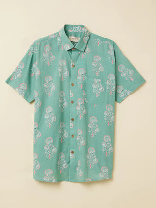 Botanical Flower Printed Shirt Teal Patrah