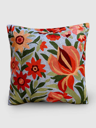 Lotus Chainstitch Embroidered Cushion Cover Columbia Blue Zaina