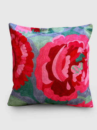 Rose Chainstitch Embroidered Cushion Cover Vivid Blue Zaina
